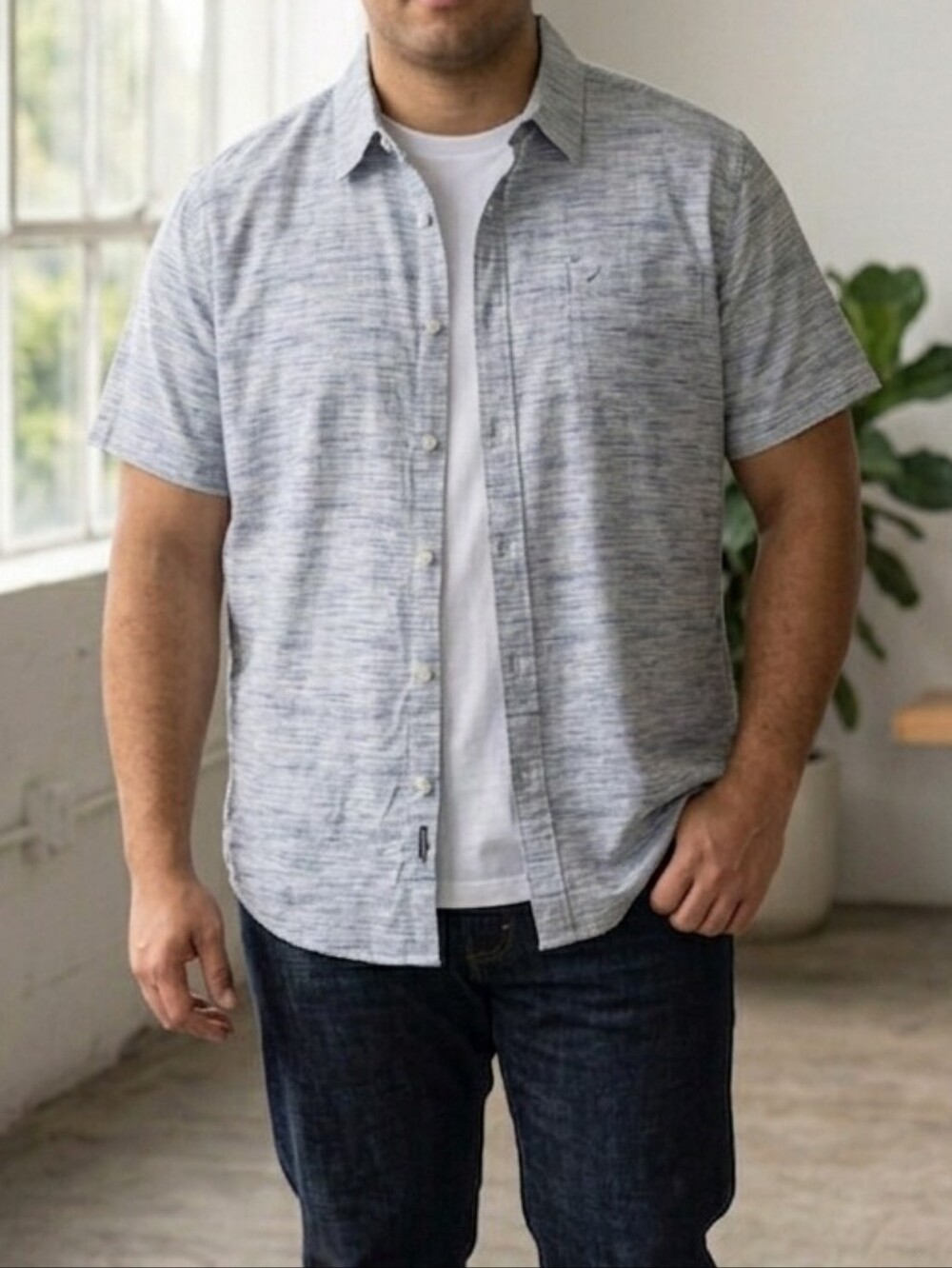 Men's Short Sleeve Casual Button-Down Shirt - Light Gray Stripe